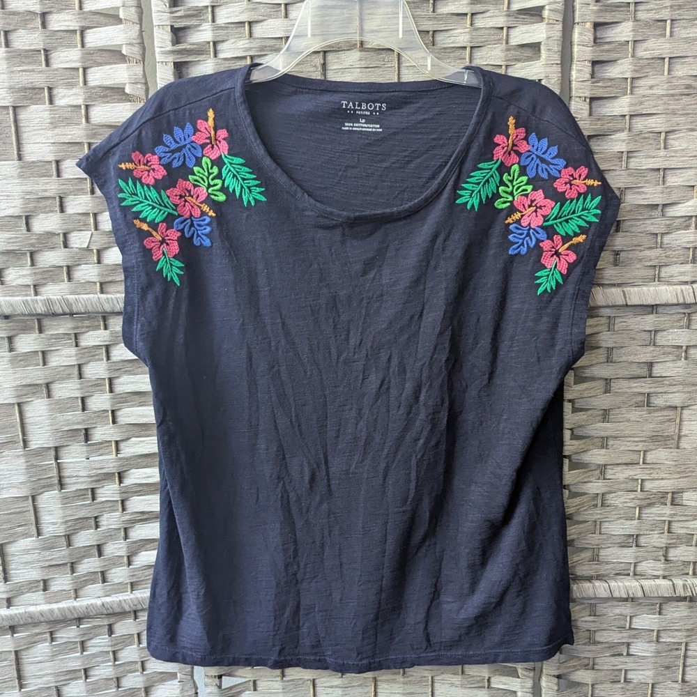 Talbots Top Navy Blue Floral Embroidered Cotton Slub LP Colorful Coastal Boho